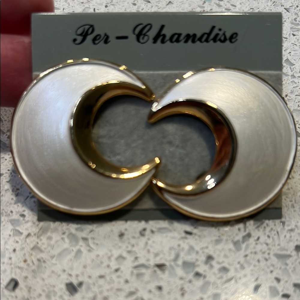 Gold-tone edge with Liquidy Silver/Pearl-ish White center Crescent Clip Earrings - Picture 2 of 5